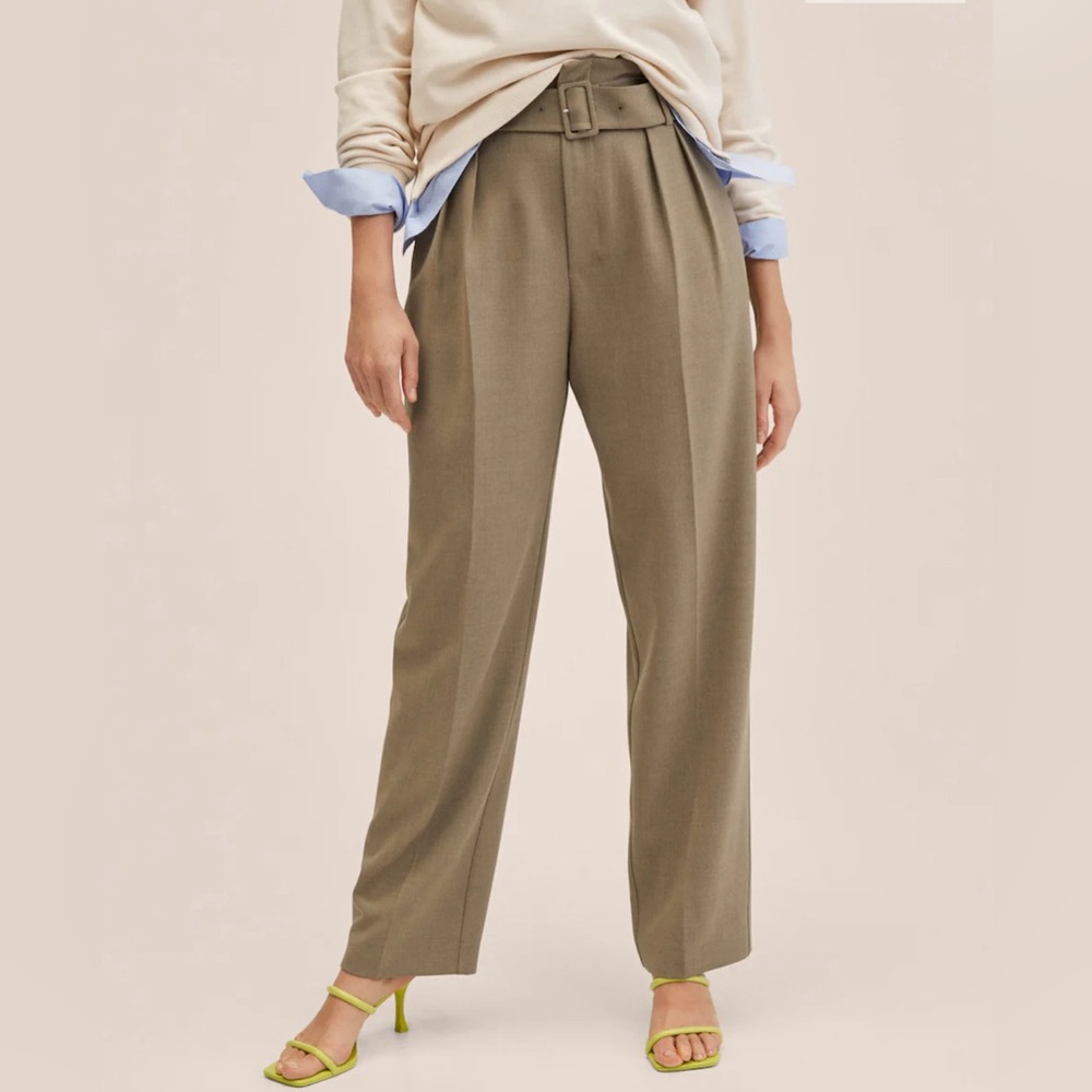 Wide leg flowy belted Mango trousers in taupe color size 10